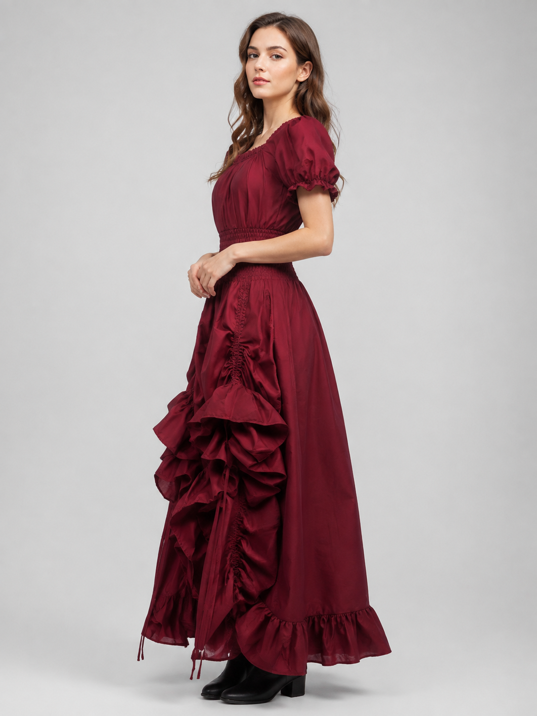Long Burgundy Dress with a Square Neckline side view
