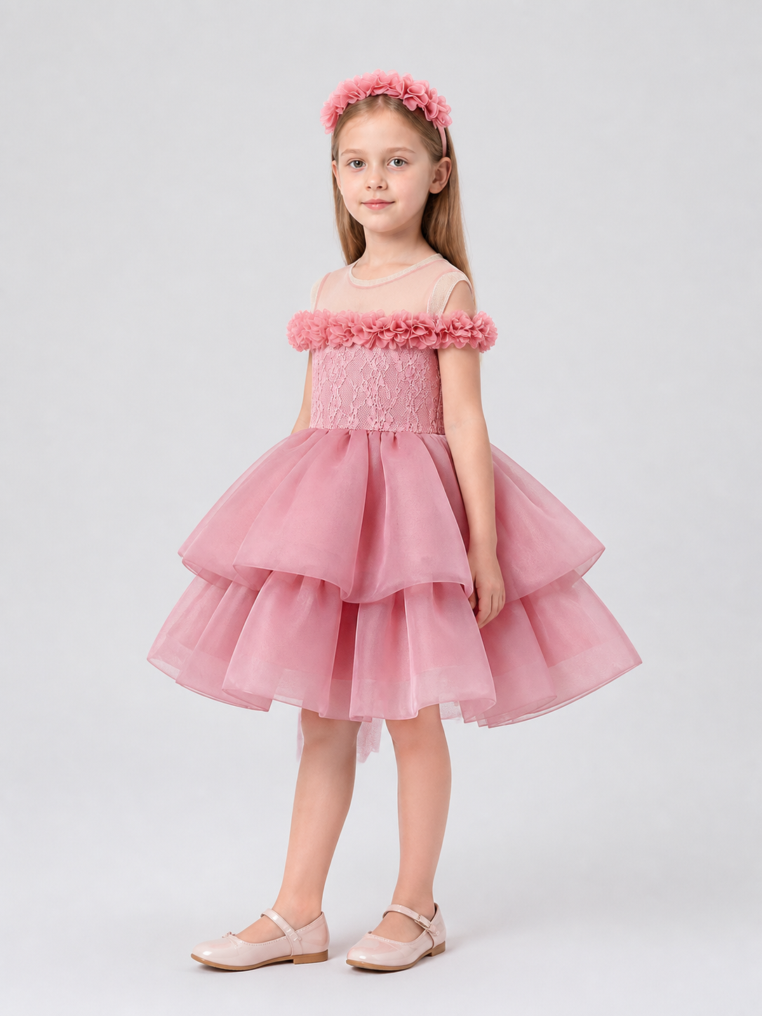 Princess Dress with Headband, Full Skirt, Pink side view