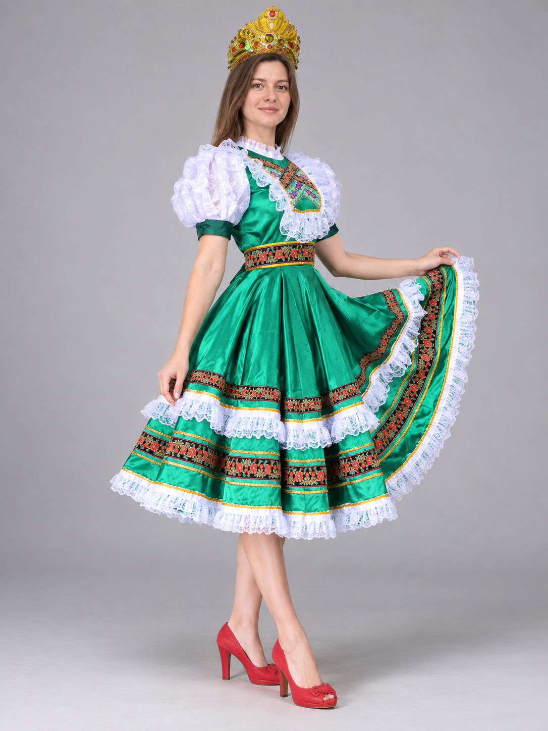 Russian Folk Dance Costume, Green, with Lace