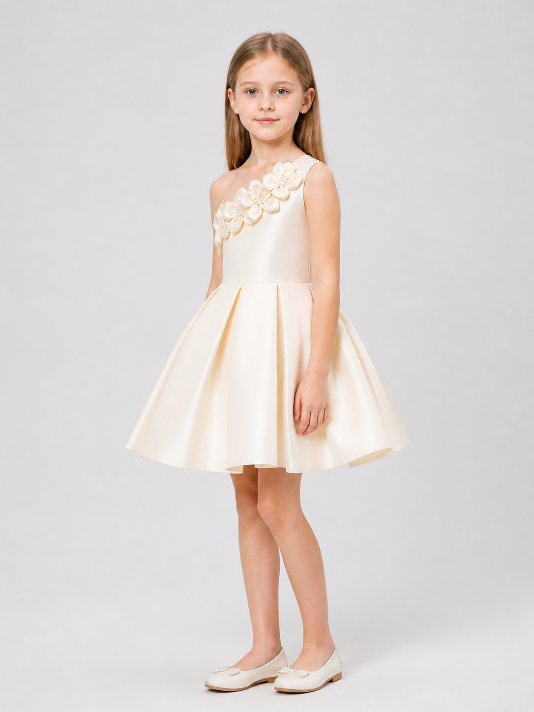Champagne Children's Party Dress with a One-Shoulder Flower side view