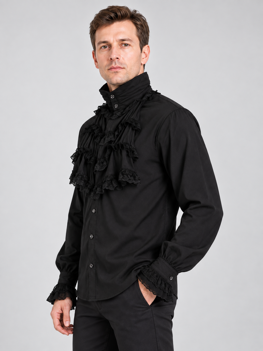 Black Gothic-Style Shirt with High Collar and Ruffles