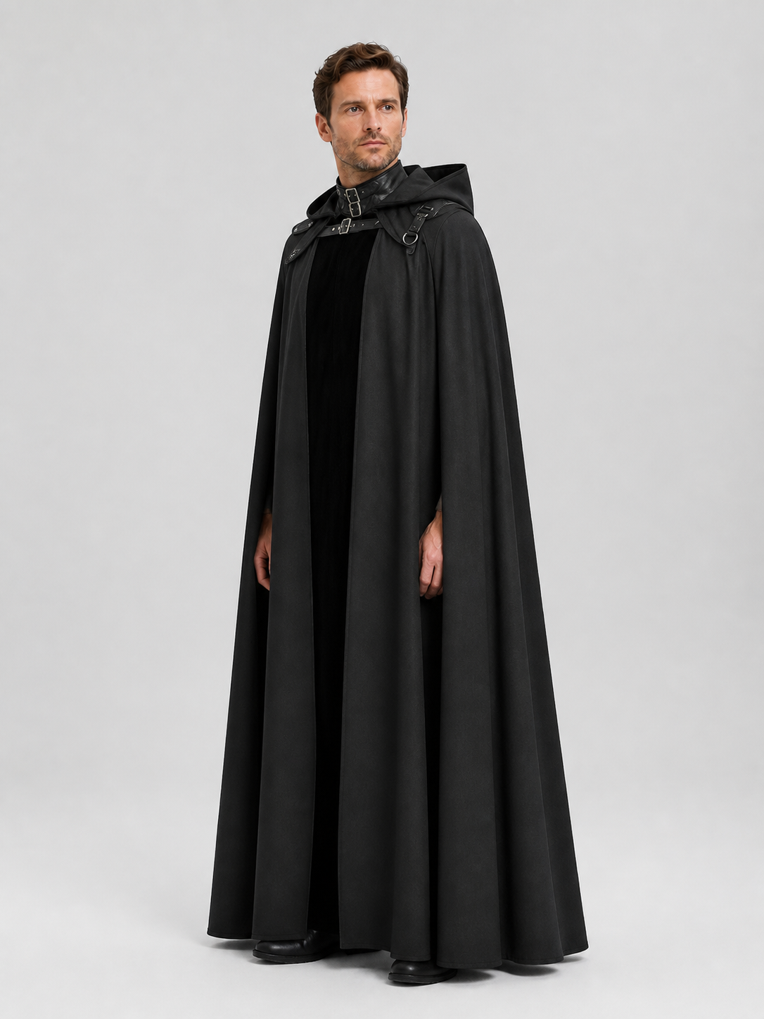Gothic Black Hooded Cape for Halloween and Cosplay side view