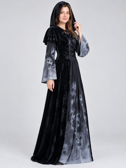 Black Hooded Carnival Dress with Skull Print