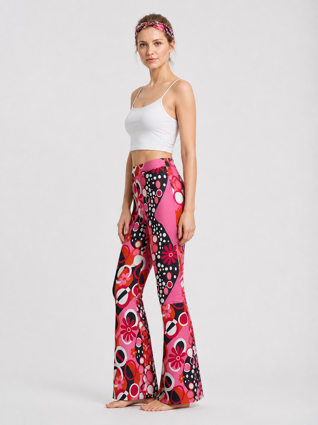 Flare-Leg Pants with a Bright Floral Boho Print side view