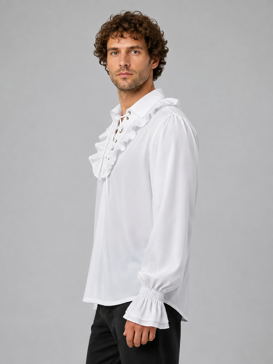 White Chiffon Blouse with Front Lacing and Ruffles side view