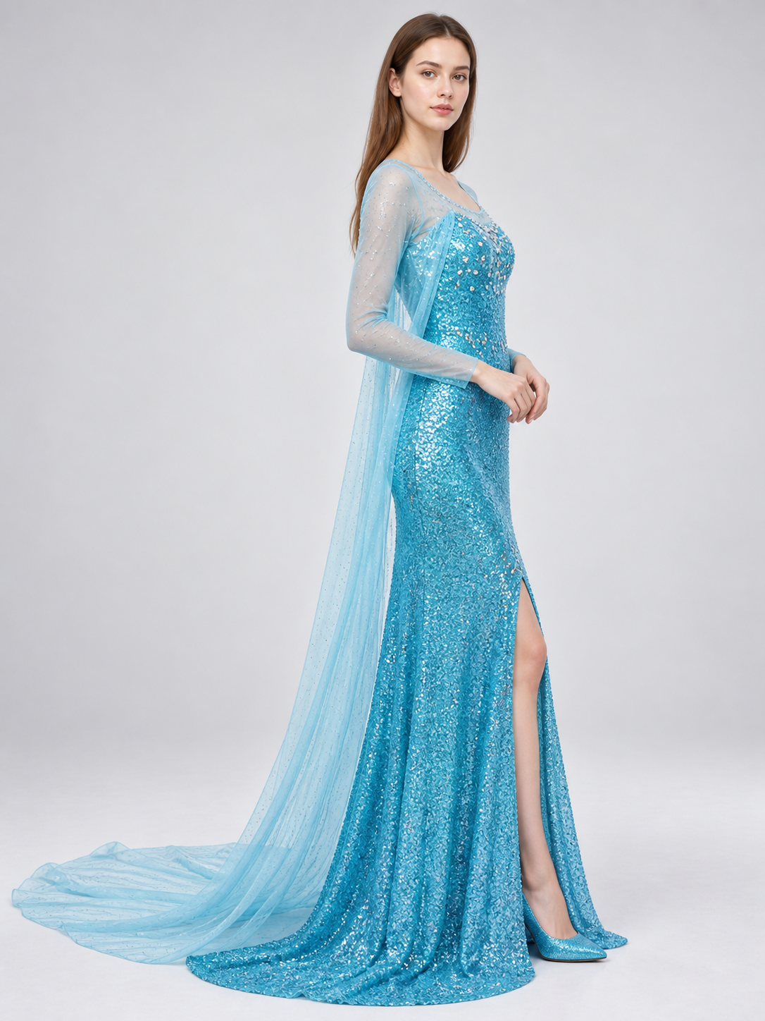 Turquoise Floor-Length Sequin Dress with Train side view