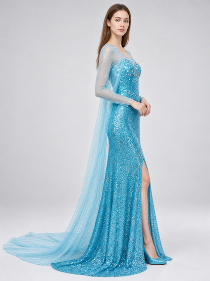 Turquoise Floor-Length Sequin Dress with Train side view