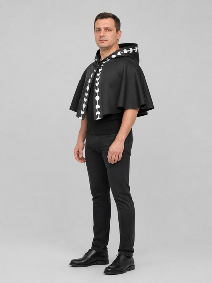 Black and White Hooded Cape with Moon Phases for Halloween side view