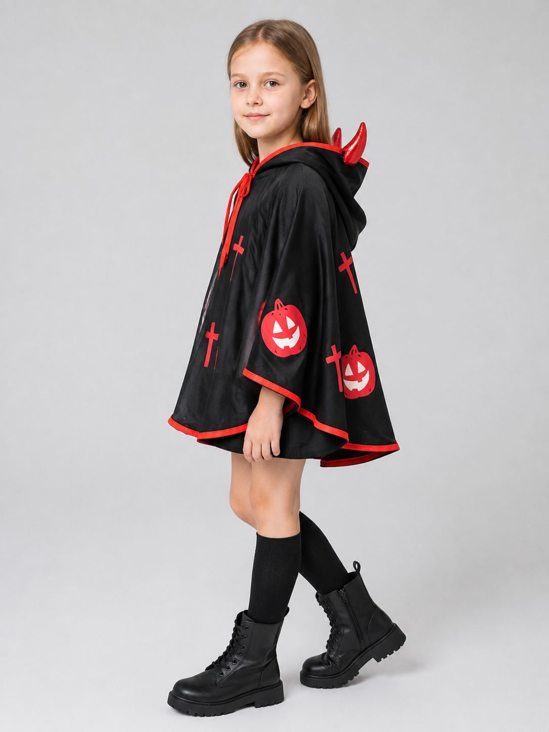 Hooded Cape with Horns and Print side view