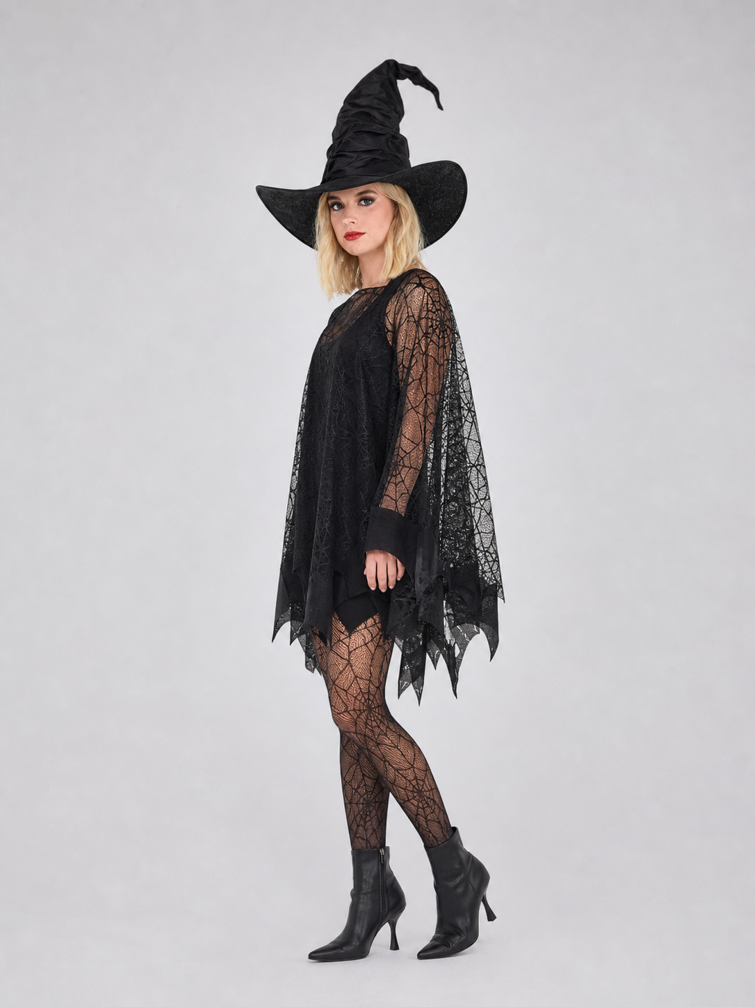 Witch Costume with Spiderweb Pattern and Pointed Hat