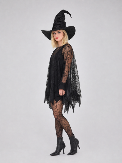 Witch Costume with Spiderweb Pattern and Pointed Hat