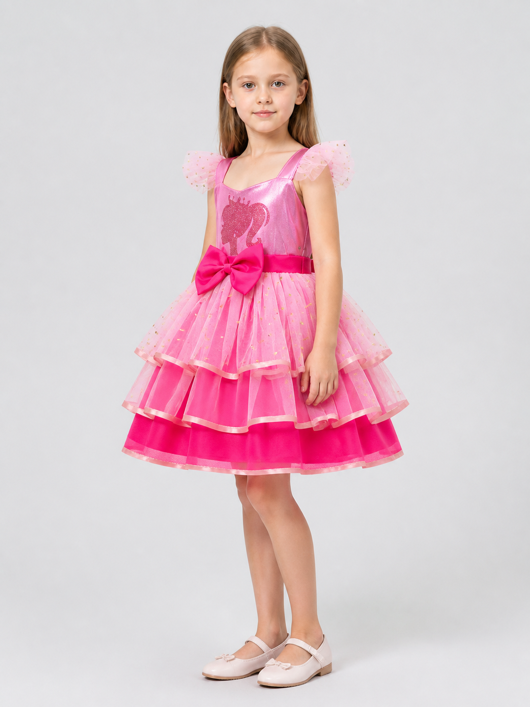 Pink Princess Dress with Layers, a Bow, and Tulle