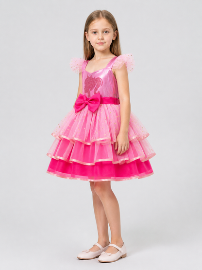 Pink Princess Dress with Layers, a Bow, and Tulle