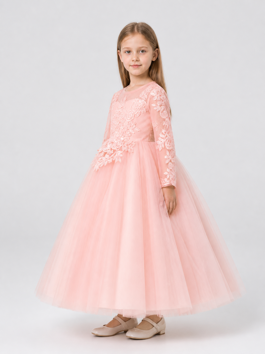 Puffy Pink Princess Dress with Floral Decor side view