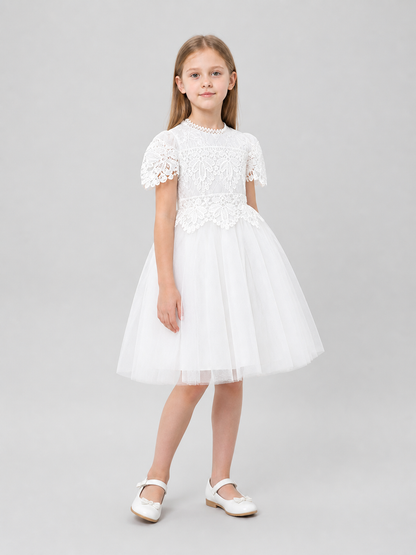 Elegant Girls' Lace Dress, White, Full Skirt side view