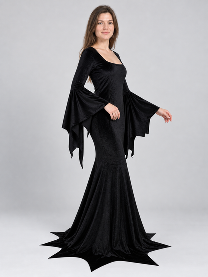 Black godet carnival dress made of stretch velvet