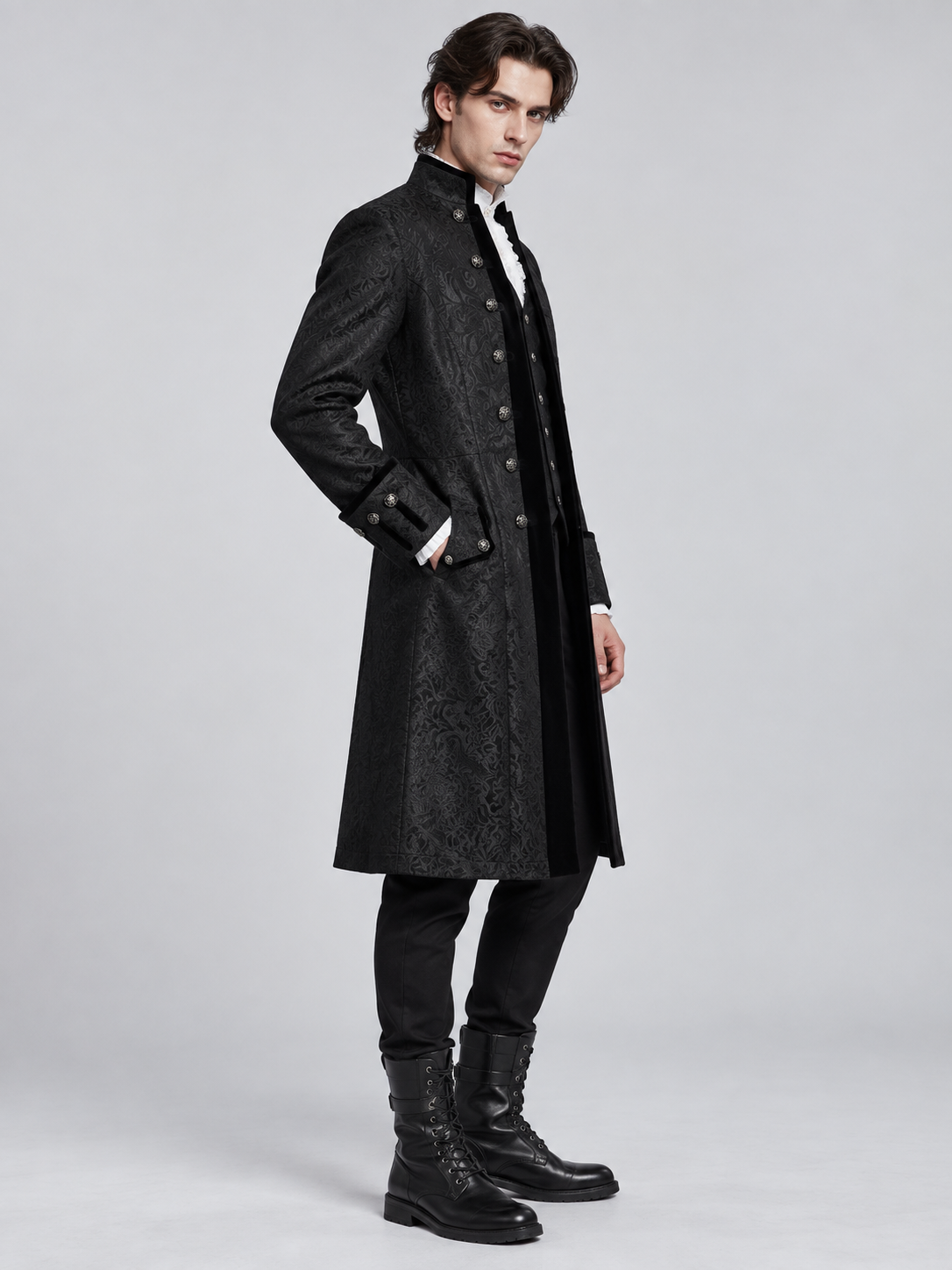 Gothic black long frock coat with pattern and buttons
