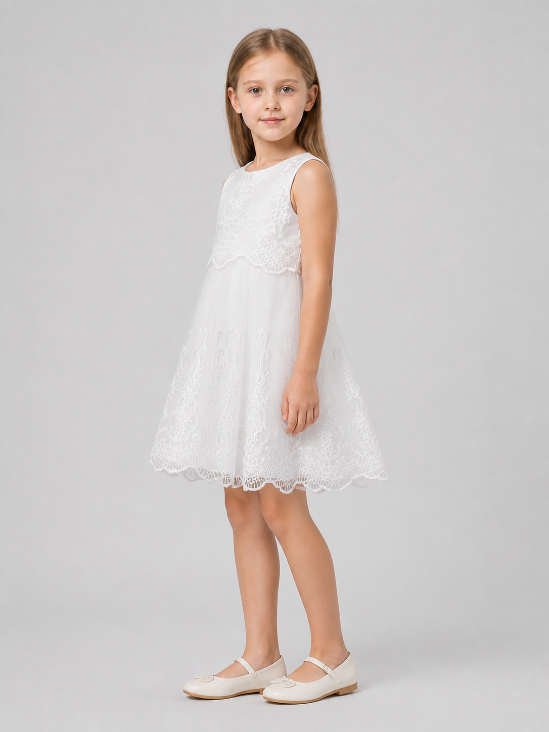 White Sleeveless Dress with Lace and Embroidery side view