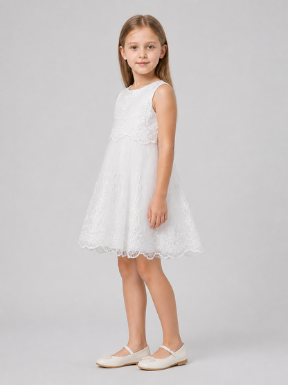White Sleeveless Dress with Lace and Embroidery side view