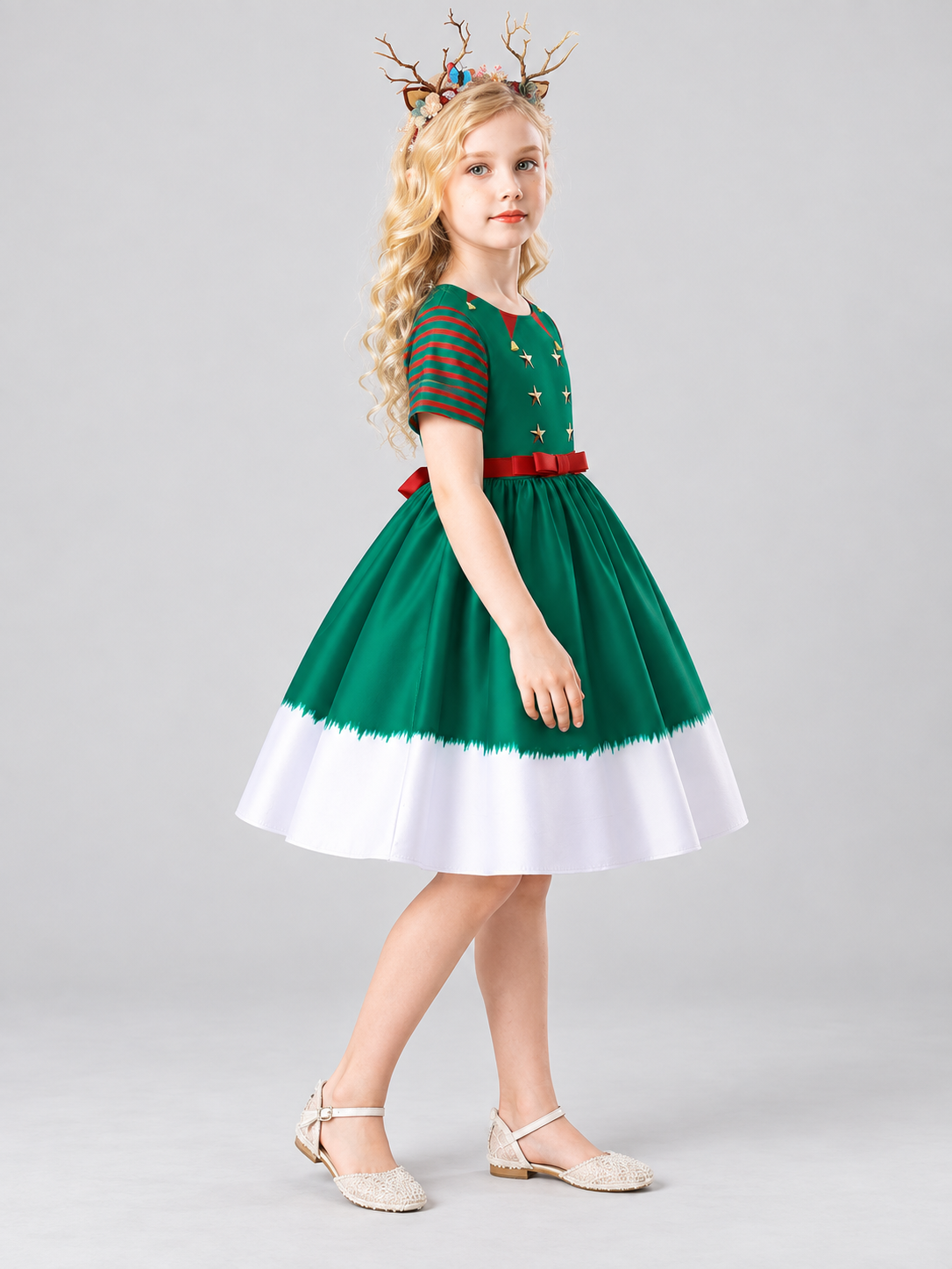 Green Kids' Holiday Dress with Stars and Bow