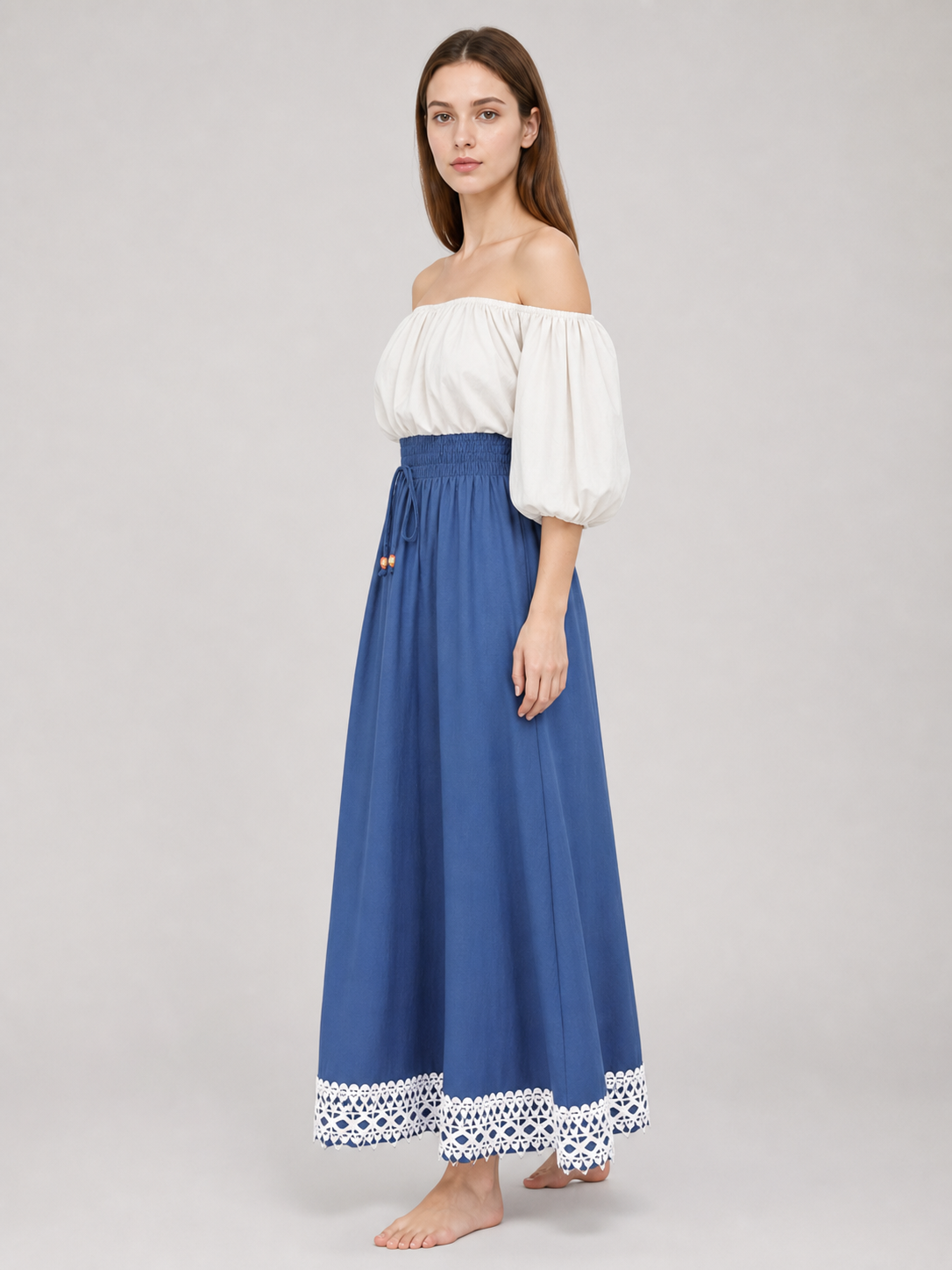 Long blue A-line maxi skirt with lace