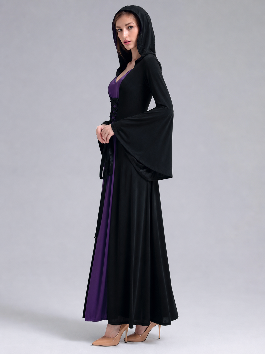 Black Gothic-Style Dress with Hood and Lacing