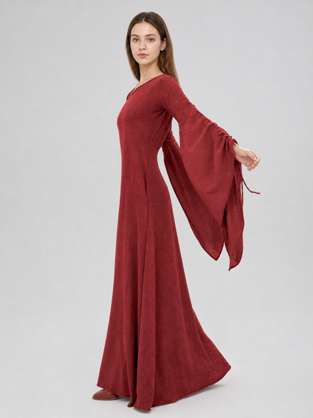Burgundy Floor-Length Dress with Long Sleeves and Belt