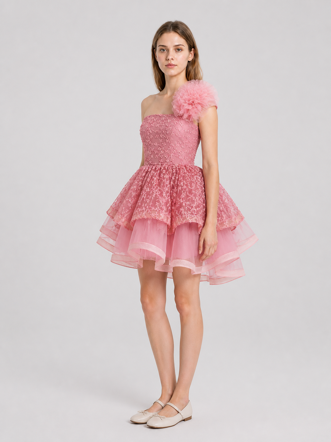 Elegant princess dress with embroidery, tulle, and a train