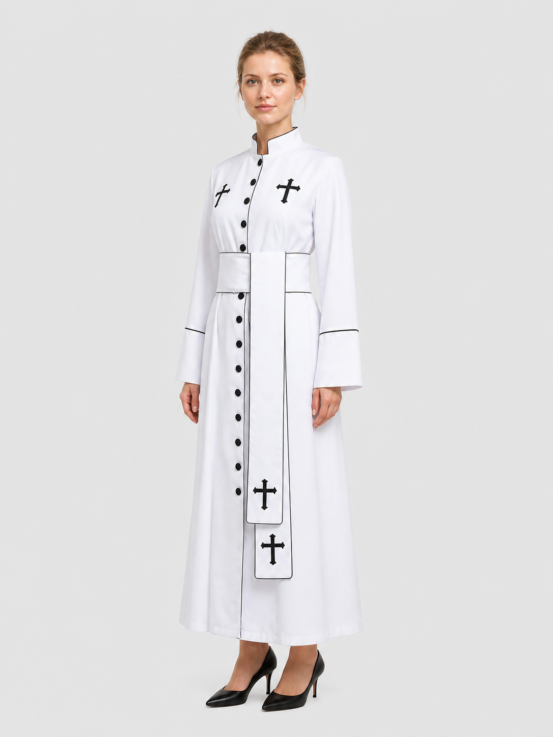 White Priest's Cassock with Black Crosses for Carnival side view