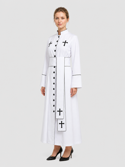 White Priest's Cassock with Black Crosses for Carnival side view