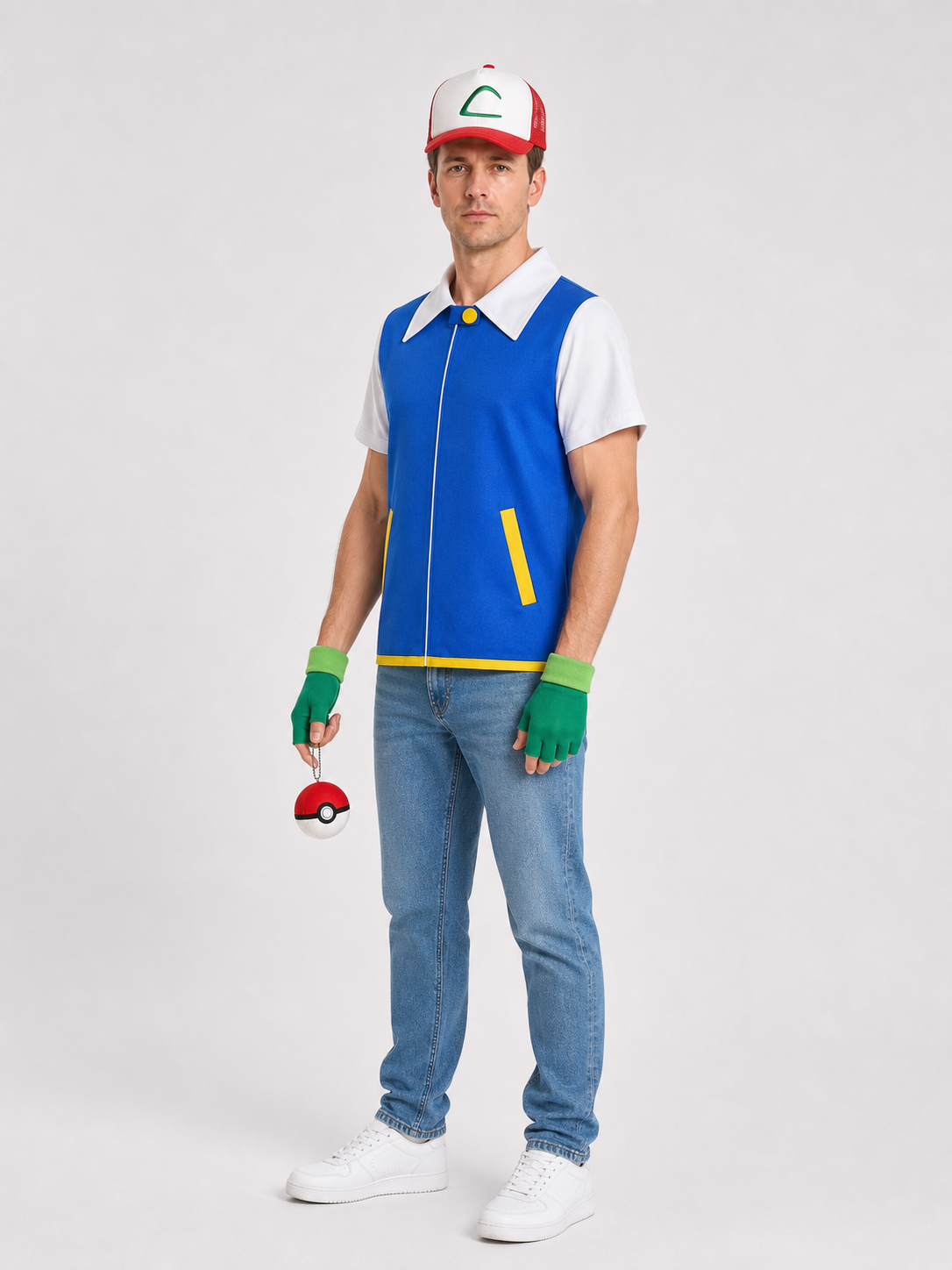 Ash from Pokémon Cosplay Costume with Cap and Accessories side view