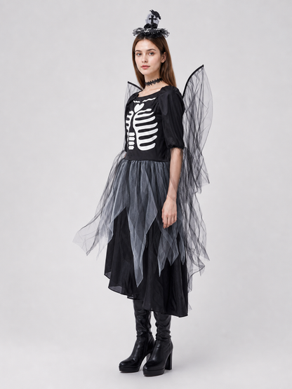 Skeleton costume dress with wings and headpiece
