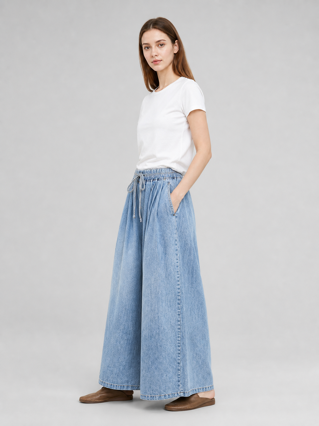 Light Blue Palazzo Pants with an Elastic Waist side view