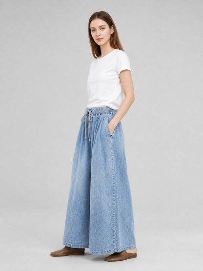 Light Blue Palazzo Pants with an Elastic Waist side view