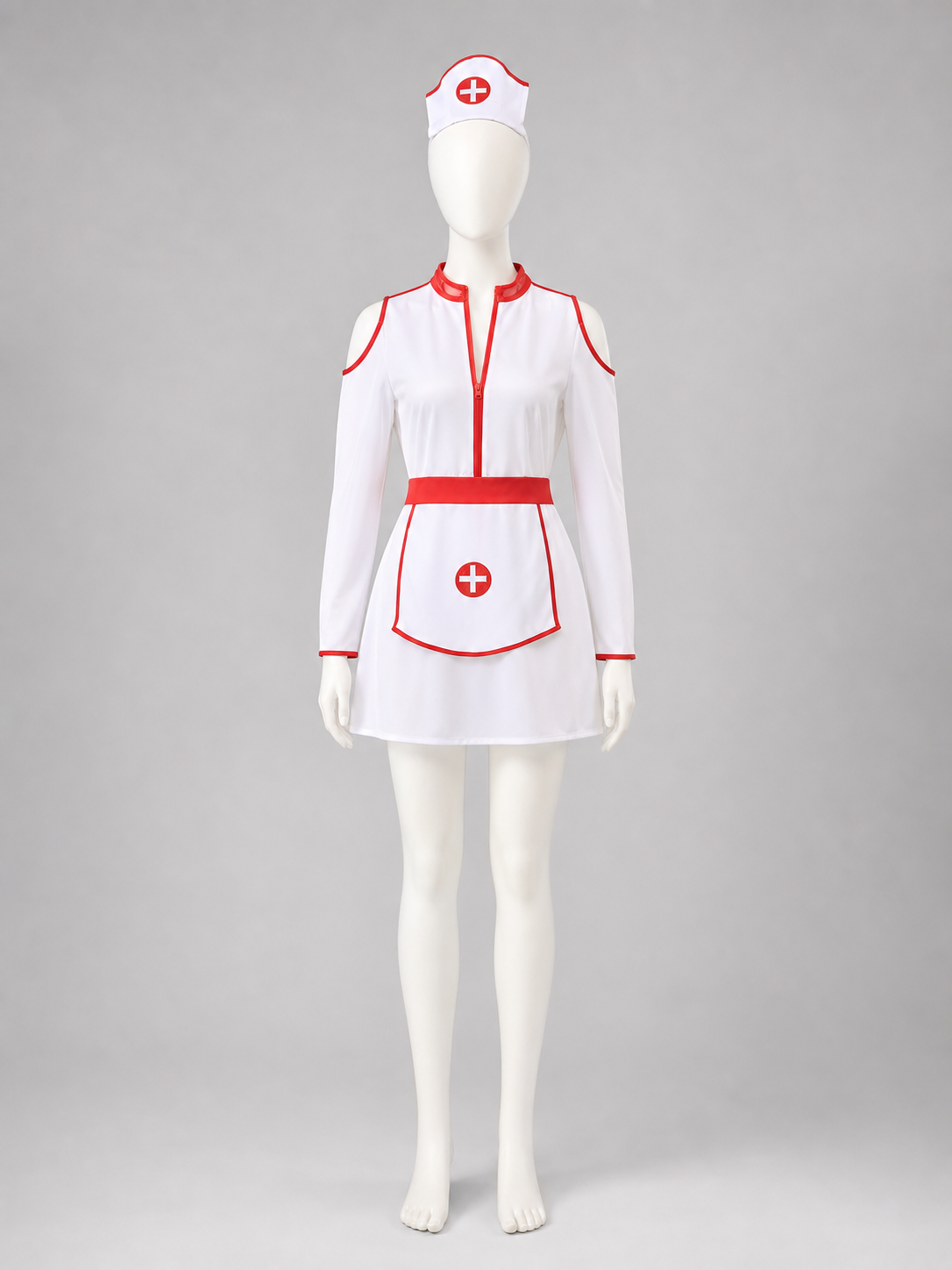 Nurse costume presented in a white-and-red color scheme and designed as a one-piece outfit with long sleeves and shorts. The front features a red zipper, complemented by a red belt that accentuates the garment’s design. The white base is de