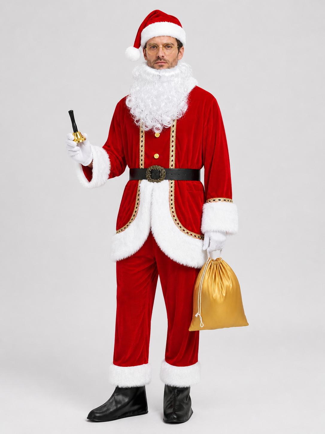 Santa Claus Costume with Hat, Beard, and Accessories side view