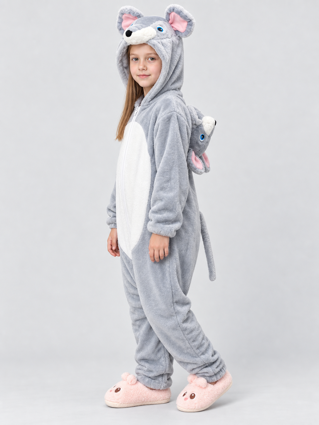 Gray Insulated Hooded Pajama Jumpsuit with Animal Face