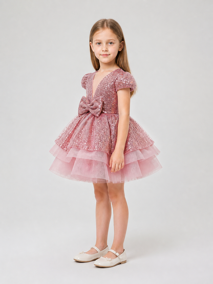 Girls' Sequin Party Dress with Bow for Birthdays side view