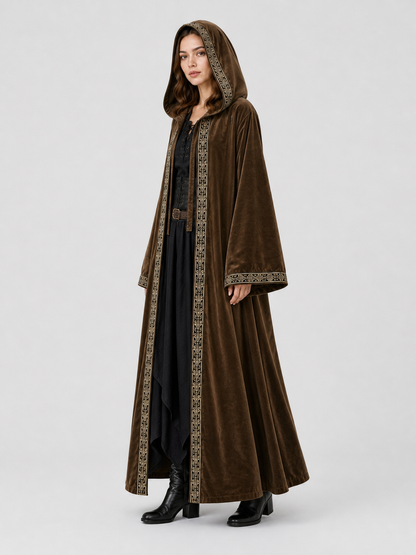 Long Hooded Robe, Brown, Loose Fit side view 7