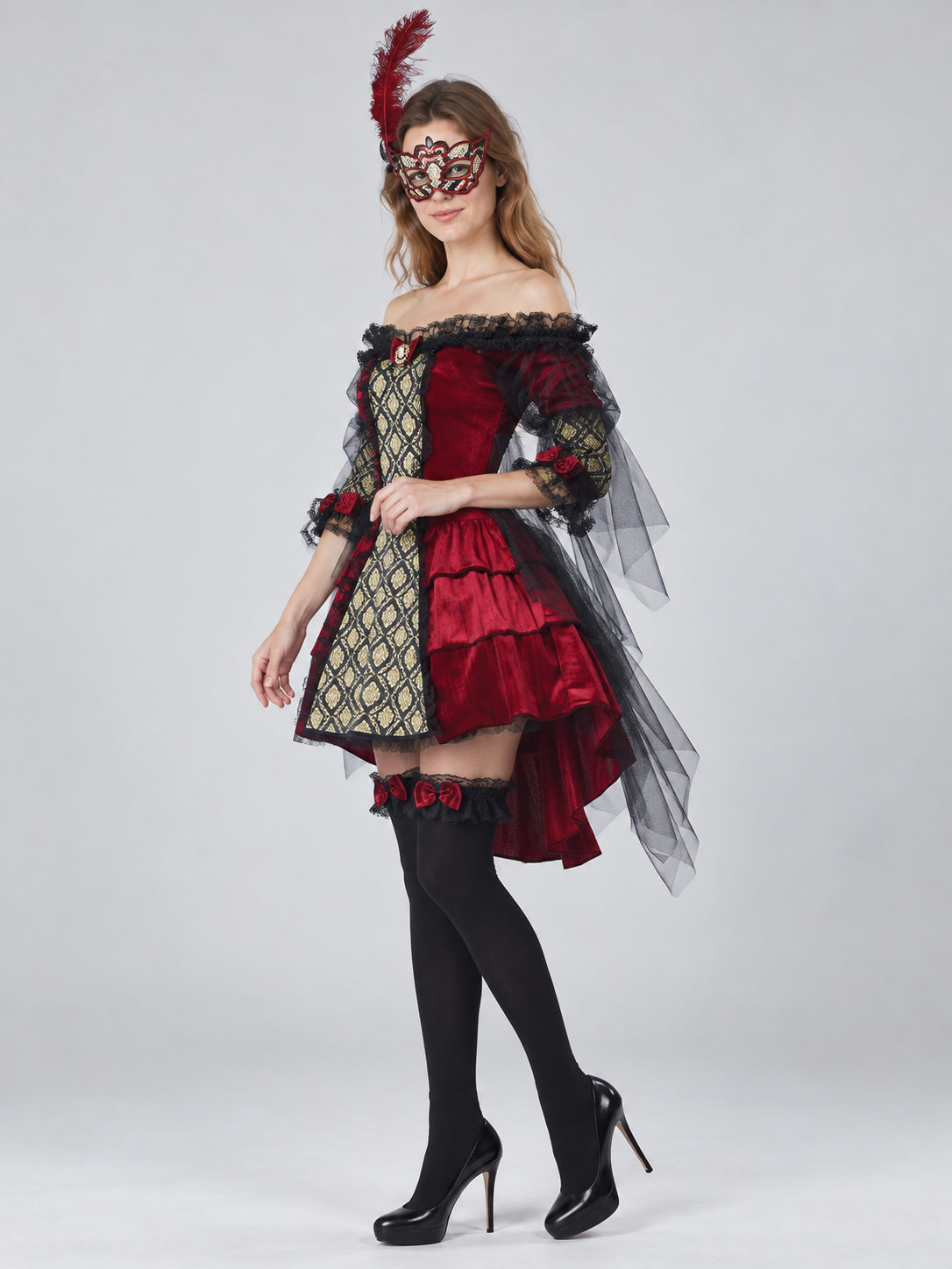 Carnival Costume with Feather Mask and Red Bows