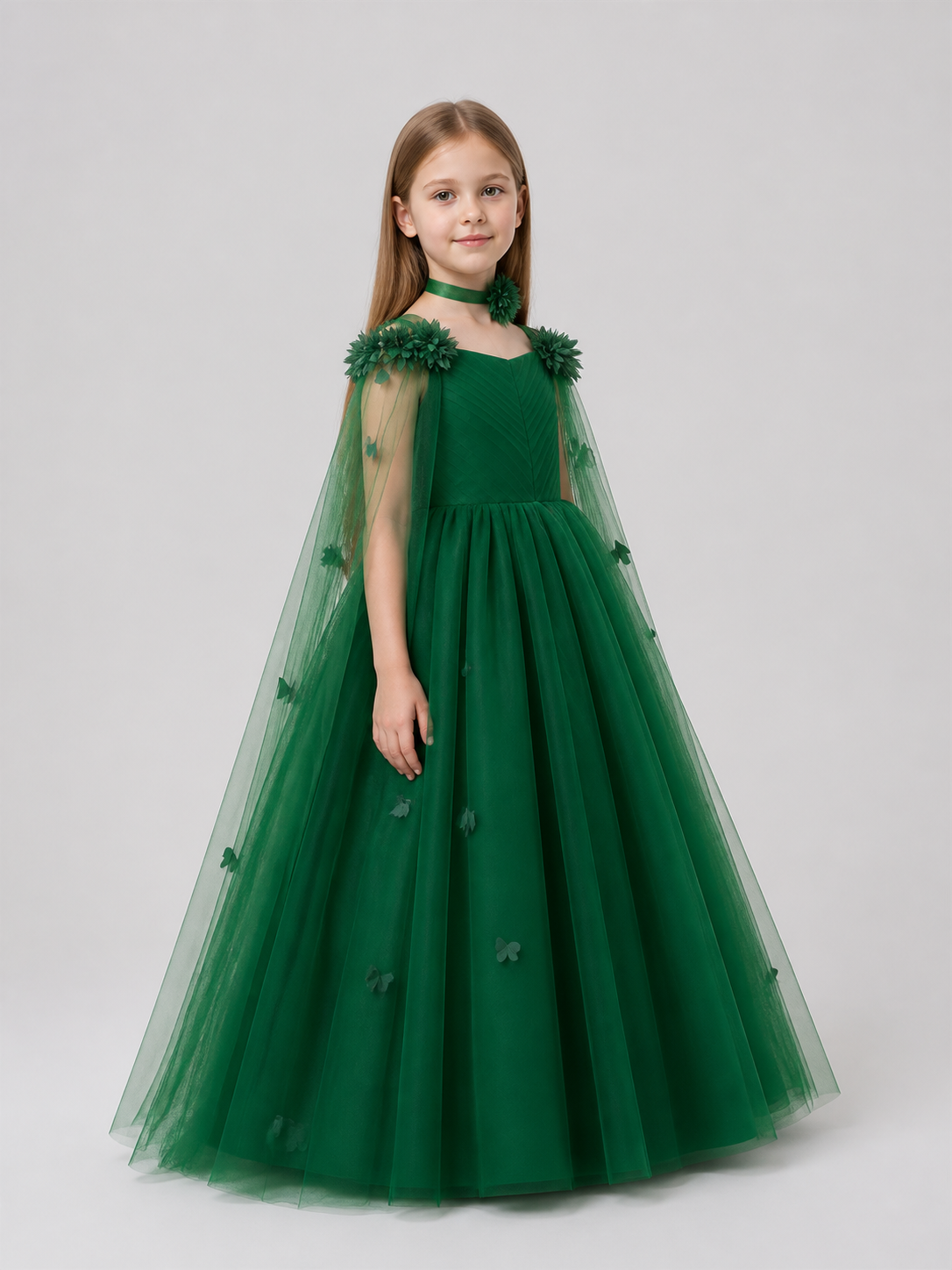 Dark Green Princess Party Dress with Flowers side view