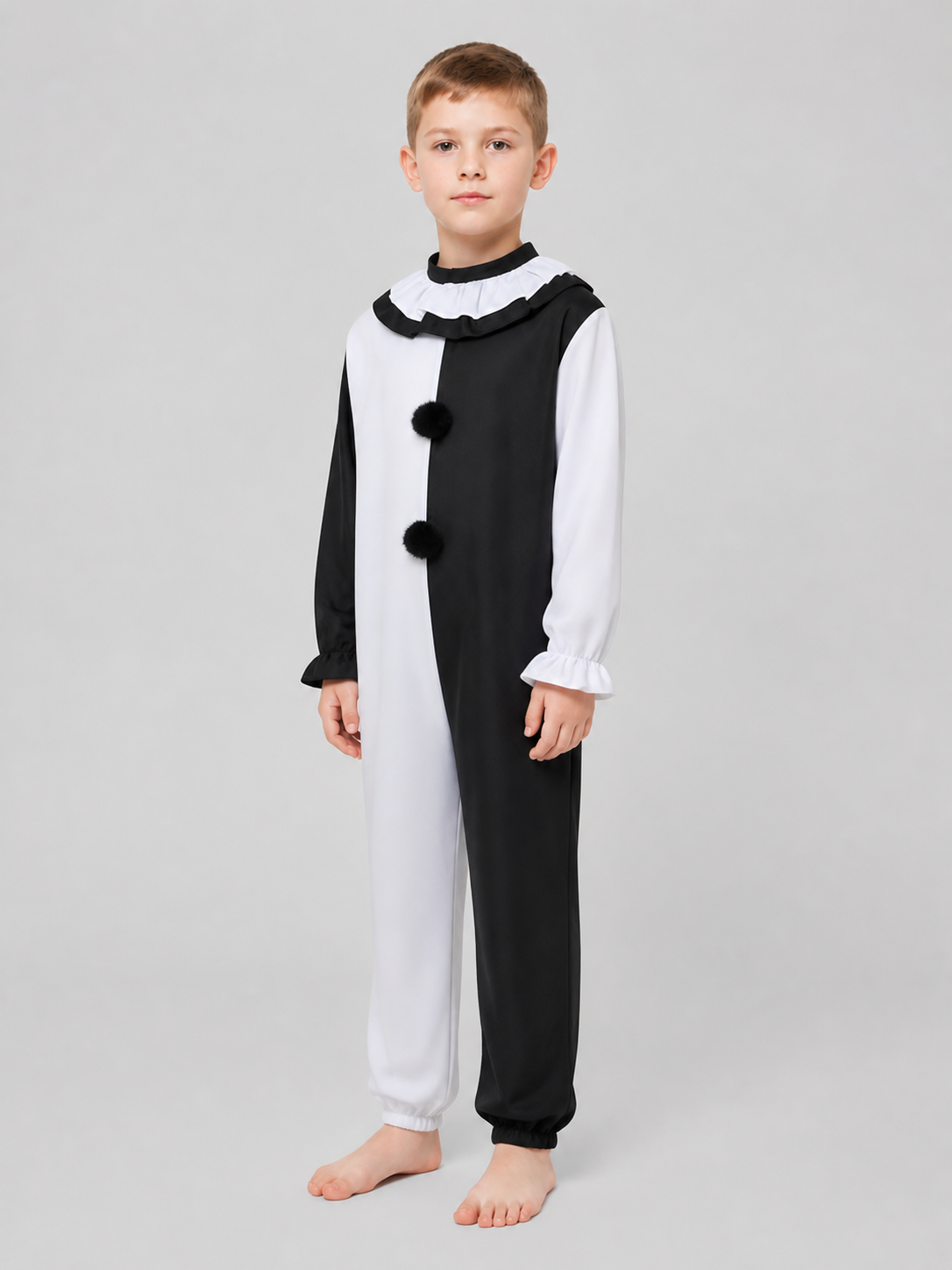 Clown Cosplay Jumpsuit, Black and White with Jabot side view