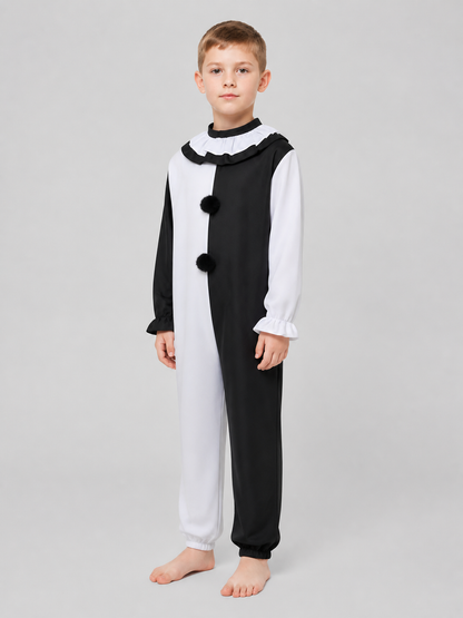 Clown Cosplay Jumpsuit, Black and White with Jabot side view