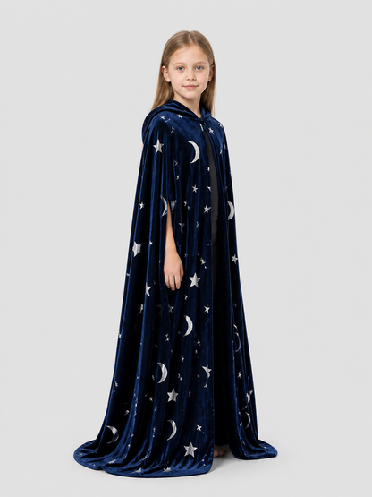 Long Hooded Halloween Cape with Stars and Moons side view