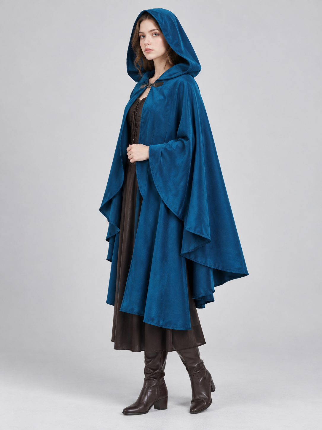 Hooded Cloak Cape, Dark Blue, Velour Suede