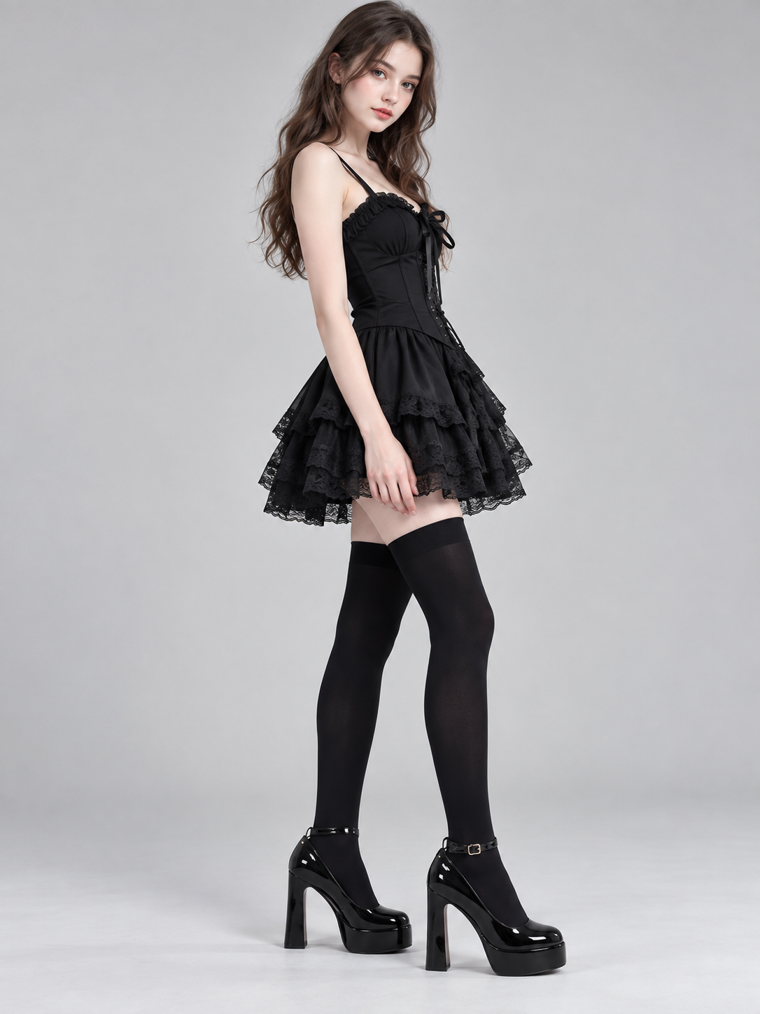 Black Platform Shoes with High Heel and Strap