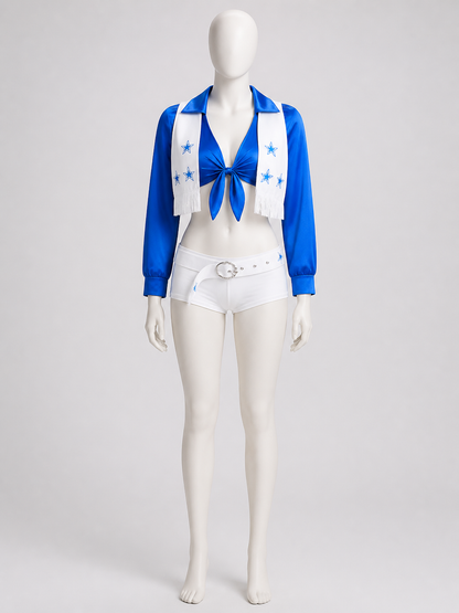 Blue-and-White Cheerleading Costume, Top, Shorts, and Scarf side view
