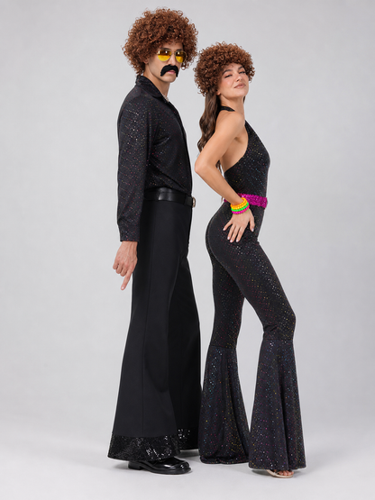 Sequin Disco Jumpsuit with Flares and Decorative Details