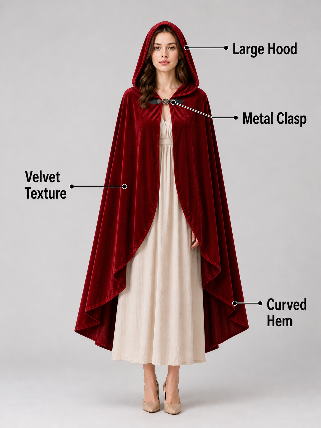 Red medieval carnival cloak with hood