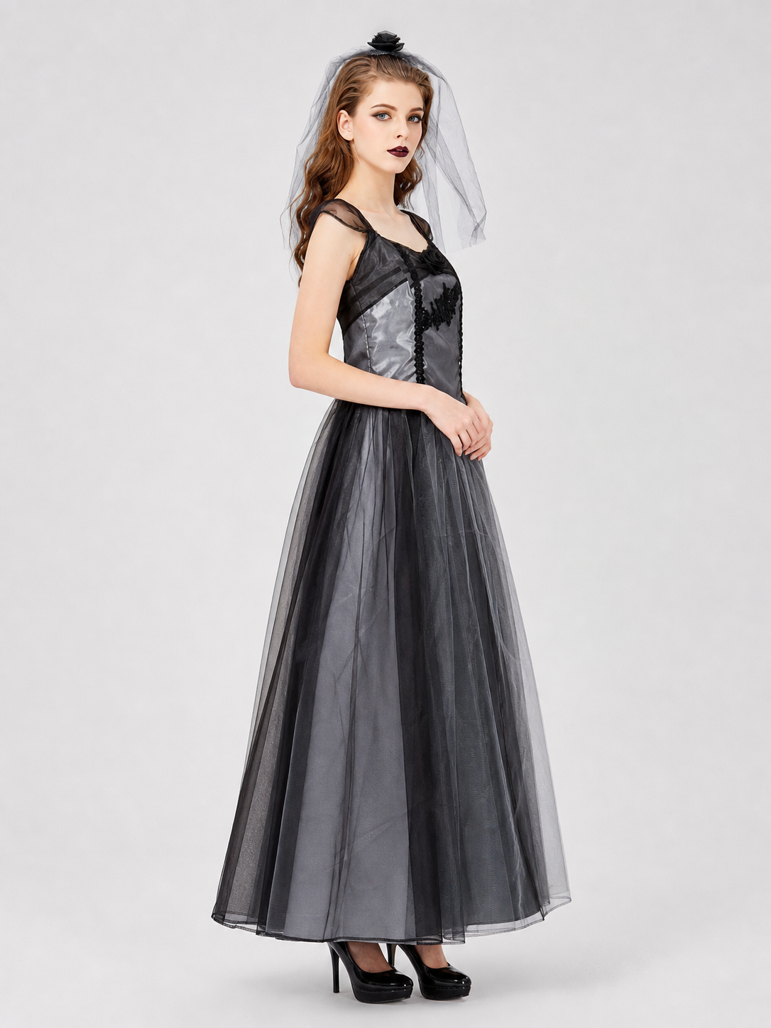 Long Gothic Gray-and-Black Dress with a Rose